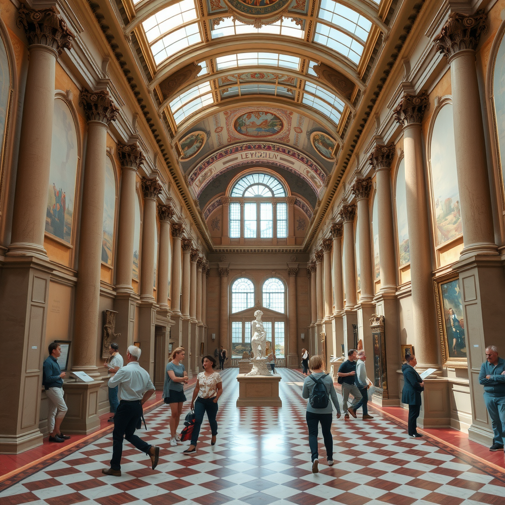 Vue intérieure majestueuse d'un musée français historique avec des colonnes classiques, des plafonds ornés et des visiteurs admirant les œuvres d'art dans une galerie lumineuse