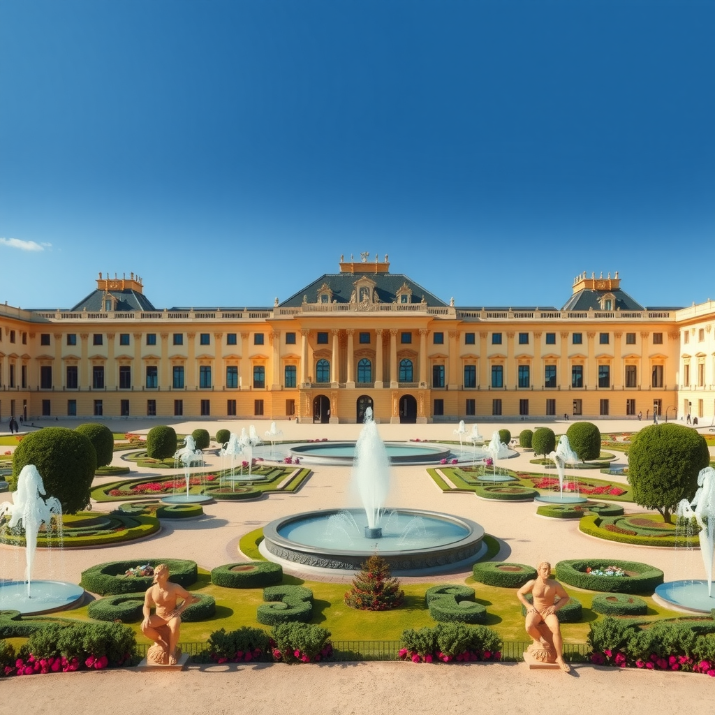 Vue majestueuse du Palais de Versailles avec ses jardins à la française, fontaines ornementales et architecture baroque dorée sous un ciel bleu, symbole du patrimoine culturel français