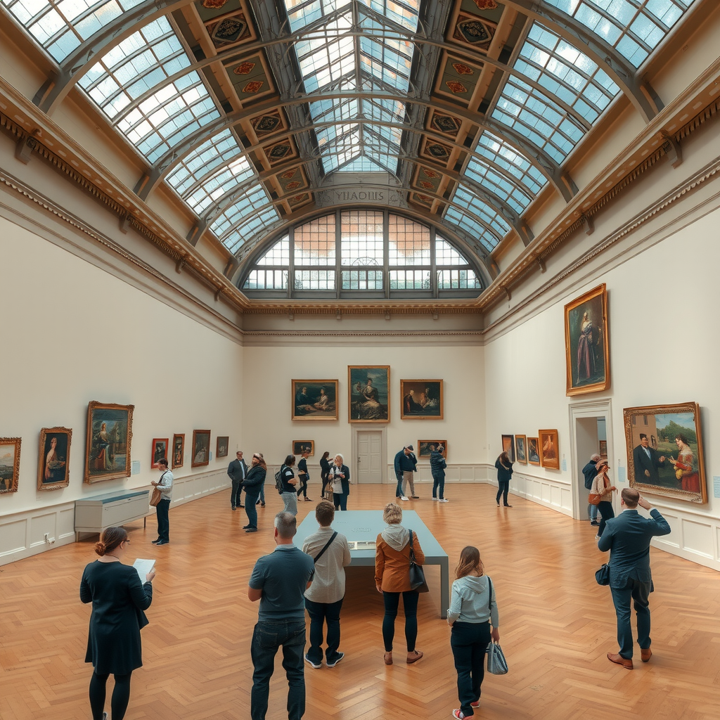 Vue panoramique de la salle d'exposition principale du Musée d'Orsay présentant l'exposition sur les femmes impressionnistes, avec des tableaux accrochés sur des murs crème élégants sous la lumière naturelle filtrant à travers les grandes verrières, visiteurs admirant les œuvres