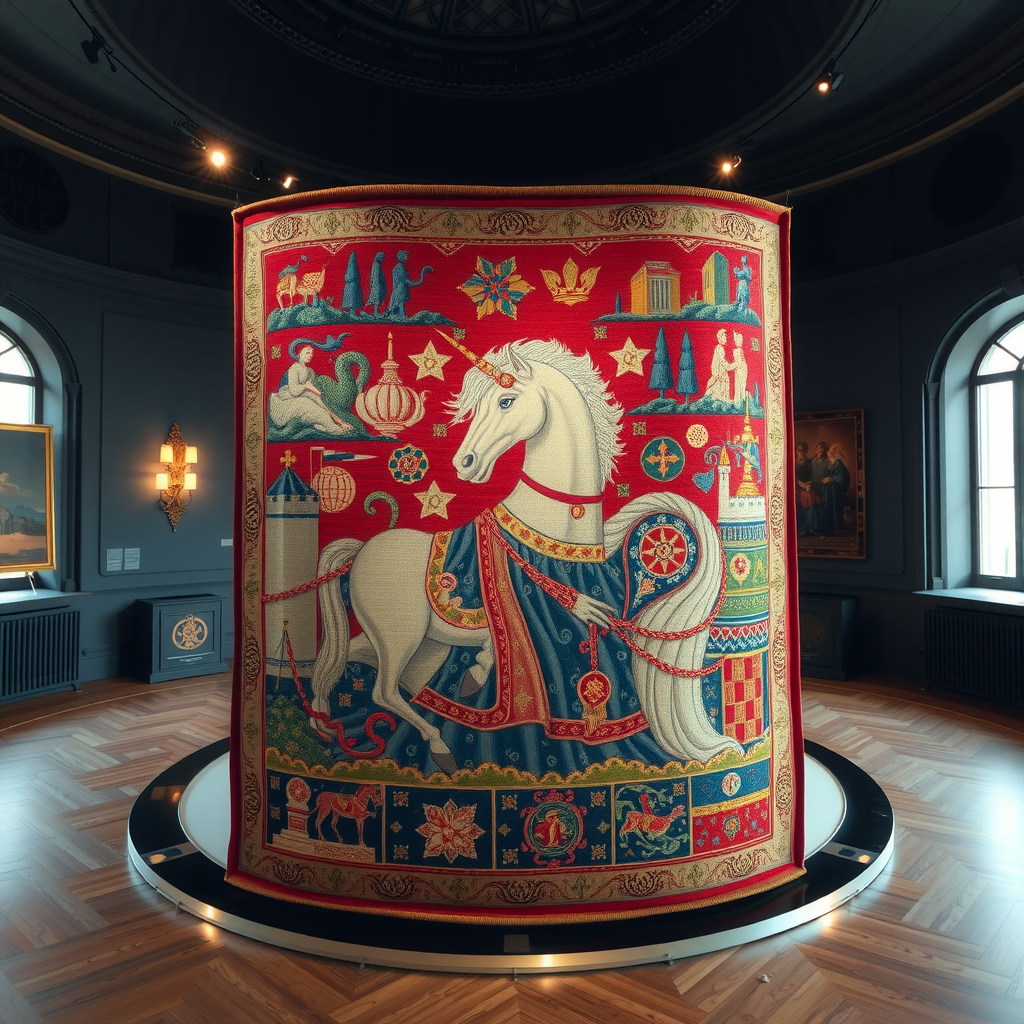 La célèbre tapisserie de La Dame à la Licorne exposée dans la salle circulaire emblématique du Musée de Cluny, avec son éclairage soigneusement calibré mettant en valeur les riches couleurs rouge et bleu des fils de laine et de soie