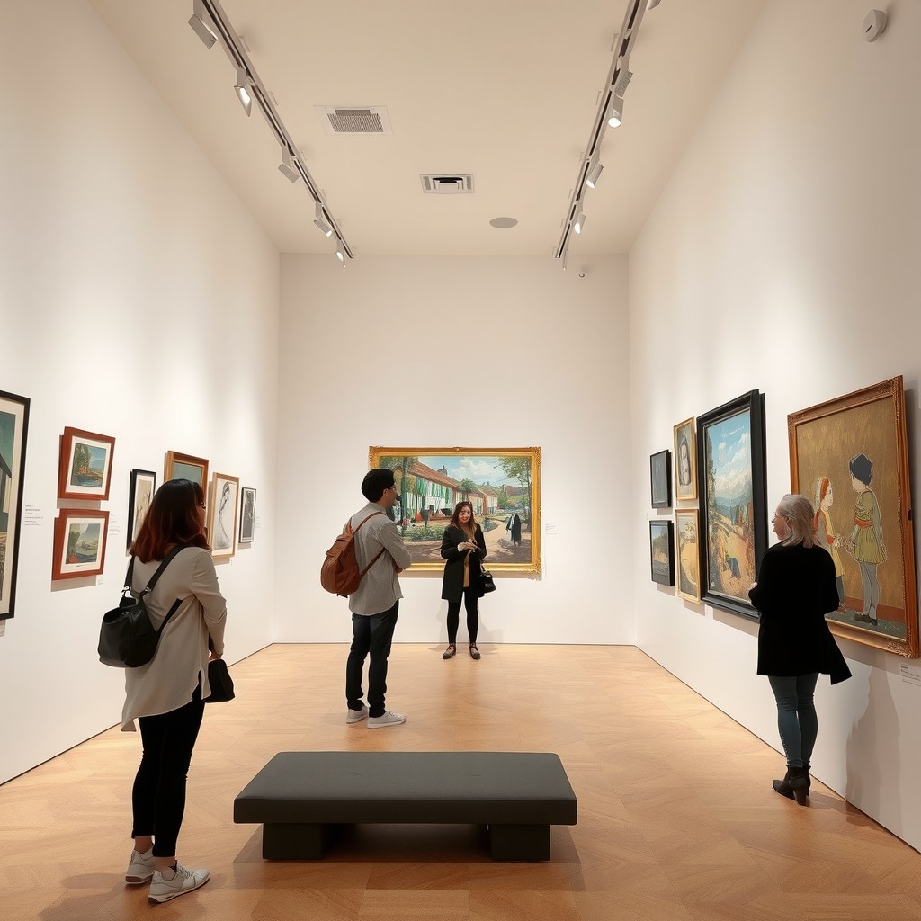 Exposition d'art contemporain dans un musée français moderne avec des œuvres accrochées sur des murs blancs, éclairage professionnel et visiteurs contemplant les pièces