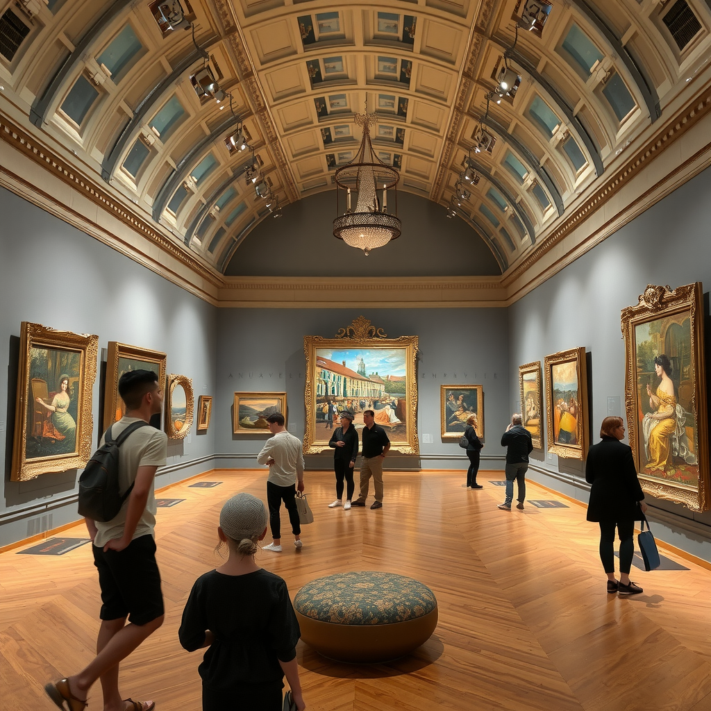 Musée d'Orsay exhibition hall featuring Impressionist paintings by overlooked female artists, with elegant gallery lighting and visitors admiring the artwork
