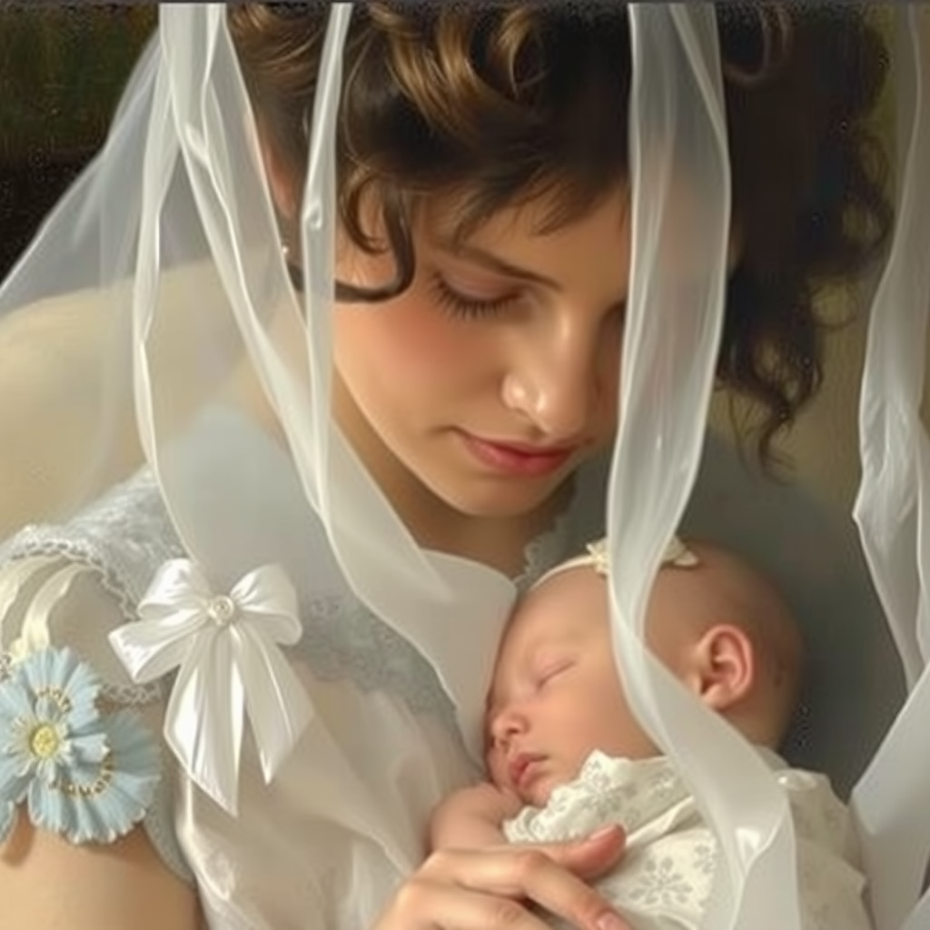 Gros plan du tableau 'Le Berceau' de Berthe Morisot montrant une mère veillant tendrement sur son bébé endormi derrière un voile blanc transparent, avec des coups de pinceau impressionnistes délicats capturant la lumière douce et l'intimité du moment