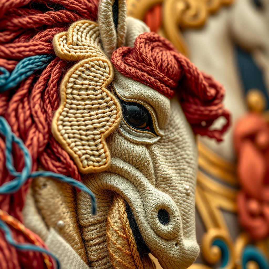 Gros plan sur les détails exquis d'une tapisserie de La Dame à la Licorne, révélant la complexité du tissage avec des fils de soie et de laine dans des tons de rouge profond, bleu azur et or, entourés du motif mille-fleurs caractéristique