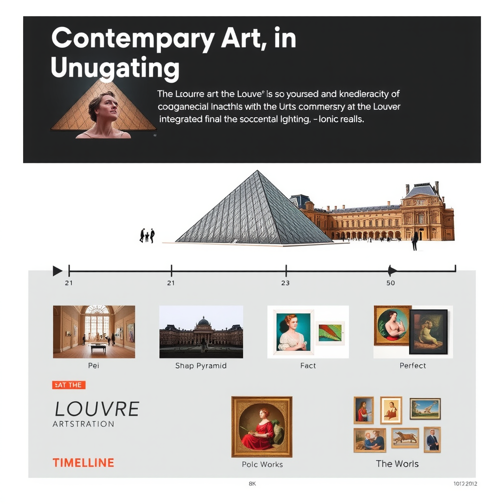 Frise chronologique illustrant les moments clés de l'intégration de l'art contemporain au Louvre, de la pyramide de Pei aux installations récentes, avec photos d'archives et œuvres emblématiques