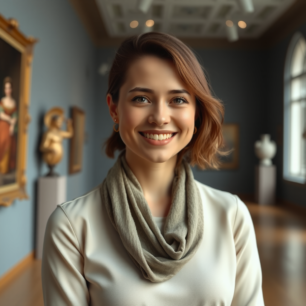 Portrait professionnel de Sophie Martin, historienne de l'art spécialisée dans l'art français du 18ème siècle, souriant dans un environnement de musée