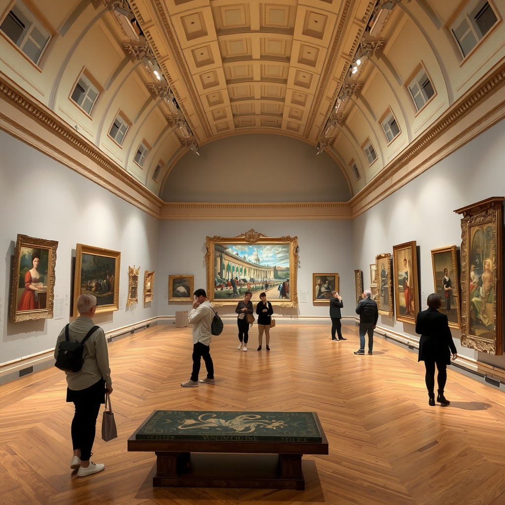 Galerie du Musée d'Orsay présentant une exposition sur l'impressionnisme avec des œuvres d'artistes féminines méconnues, murs élégants, éclairage muséal sophistiqué, visiteurs admirant les peintures du XIXe siècle