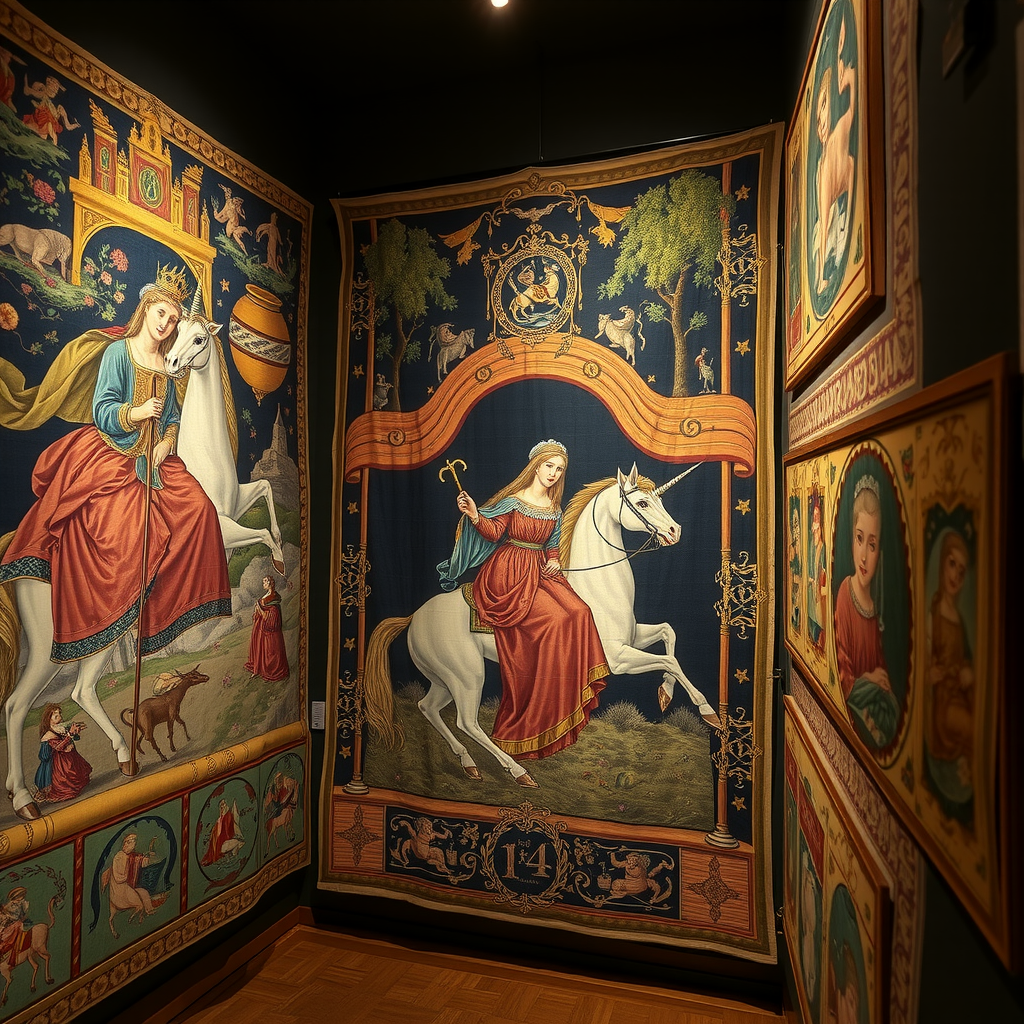Medieval tapestries and illuminated manuscripts at Musée de Cluny, featuring the famous Lady and the Unicorn series in a dimly lit, atmospheric medieval gallery setting