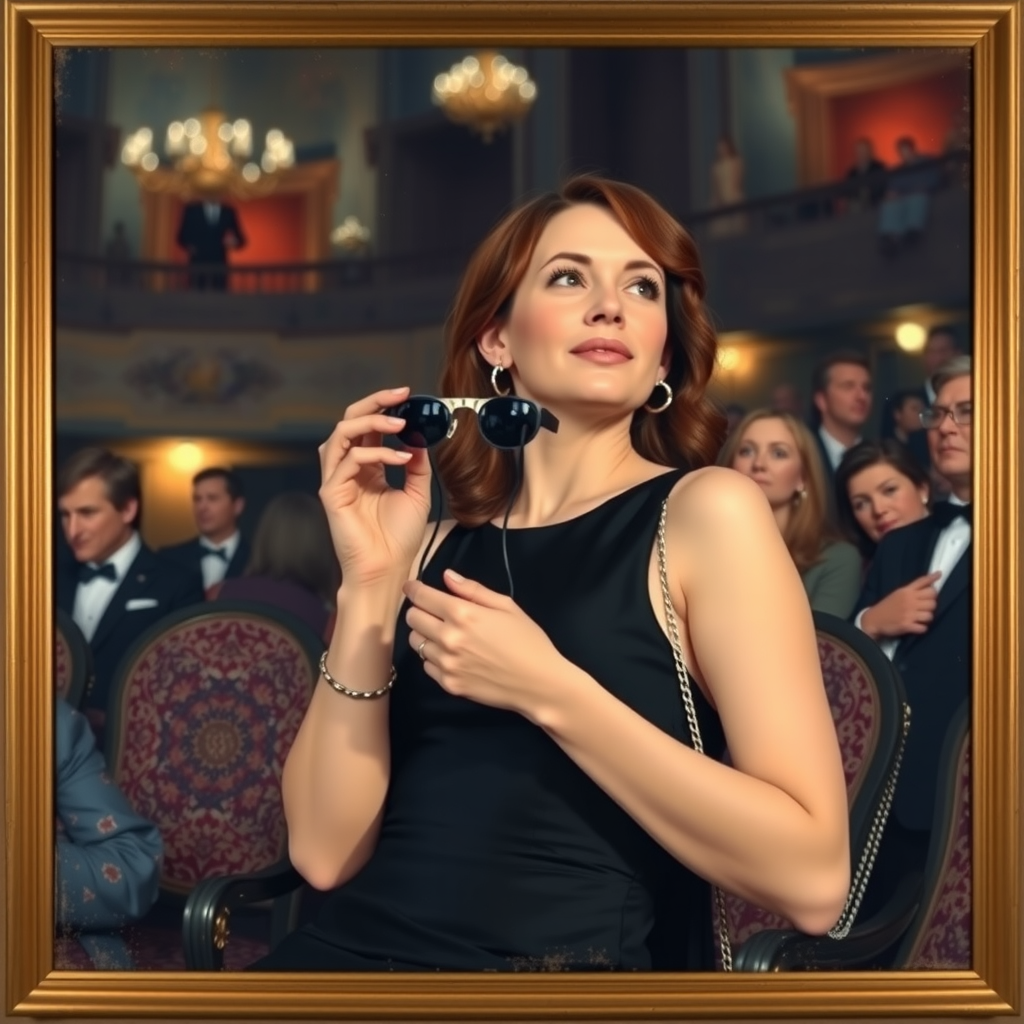 Reproduction du tableau 'La Loge' de Mary Cassatt montrant une femme élégante en robe noire tenant des jumelles de théâtre, regardant activement vers la scène, avec des touches impressionnistes capturant les lumières du théâtre et l'atmosphère sophistiquée de la soirée parisienne