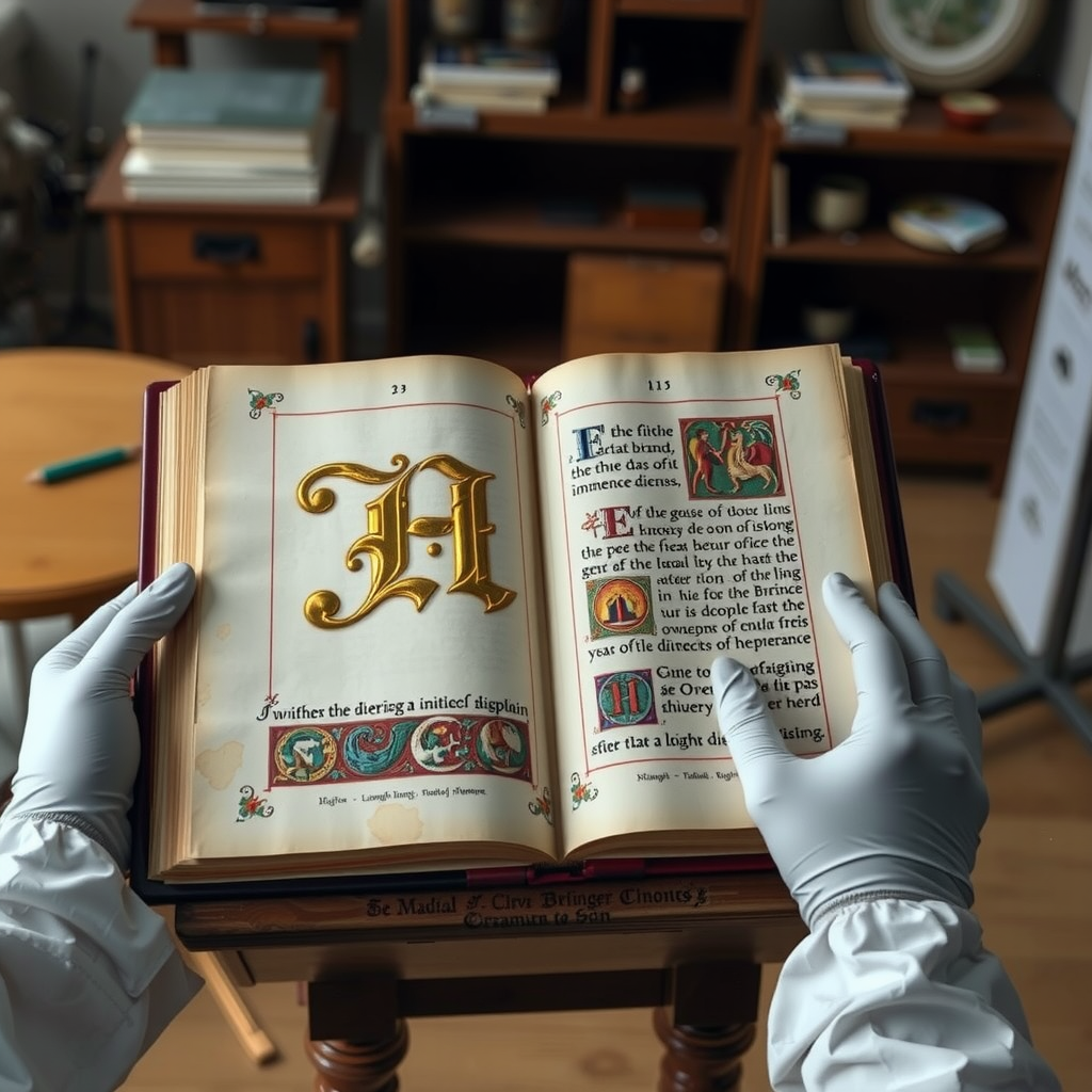 Manuscrit enluminé médiéval précieusement ouvert sur un lutrin de conservation, révélant une lettrine ornée à la feuille d'or et des miniatures aux pigments éclatants, avec des mains gantées de conservateur visible dans le cadre
