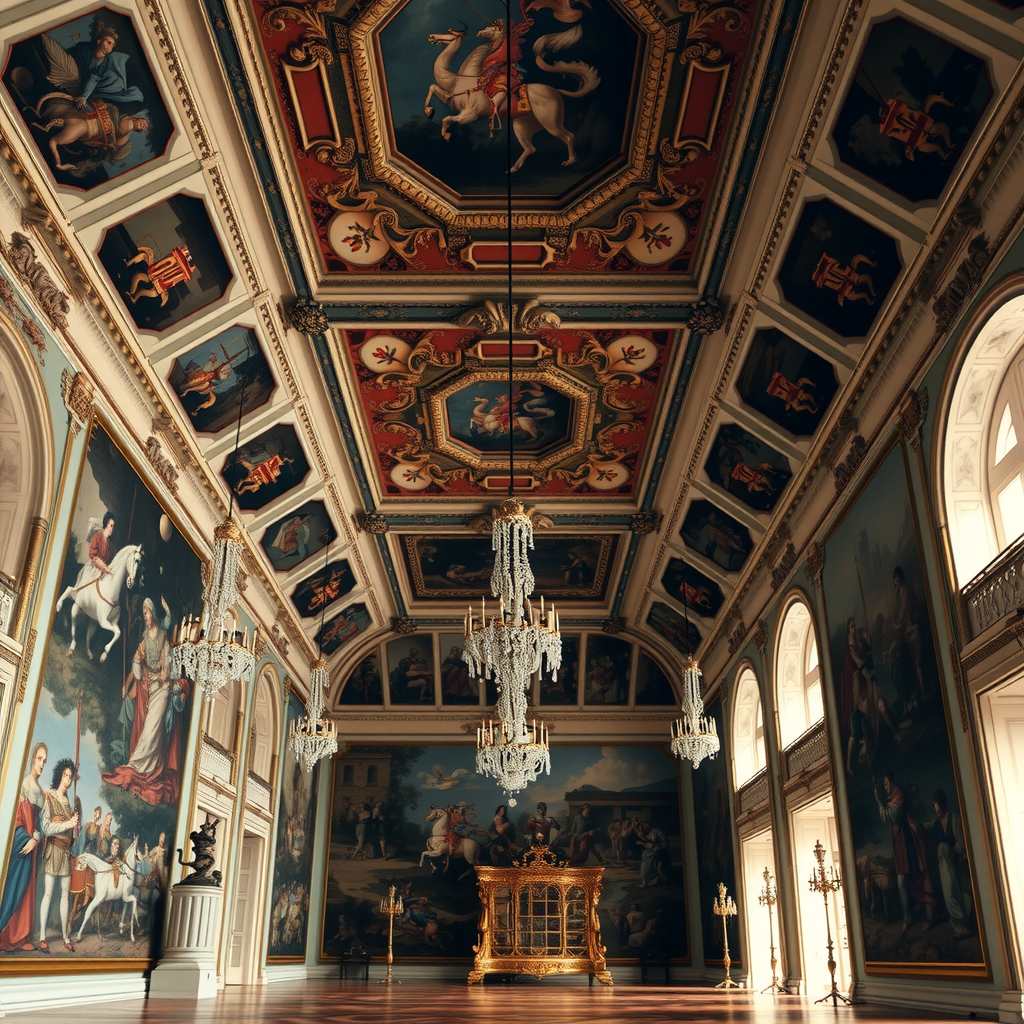 Intérieur richement décoré des Salles des Croisades à Versailles, montrant les plafonds ornés de blasons médiévaux, les peintures murales représentant des scènes de croisades, et l'architecture néo-gothique avec ses colonnes et arcs élaborés