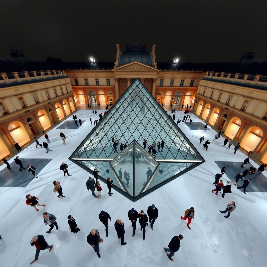 Vue aérienne de l'installation de JR au Louvre montrant l'anamorphose qui fait disparaître la pyramide de verre, avec des visiteurs marchant sur l'œuvre photographique collée au sol, cour Napoléon