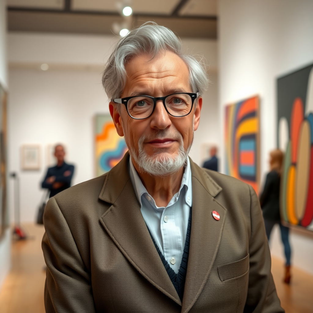 Portrait professionnel de Jean Dubois, critique d'art contemporain et journaliste culturel, dans une galerie d'art moderne
