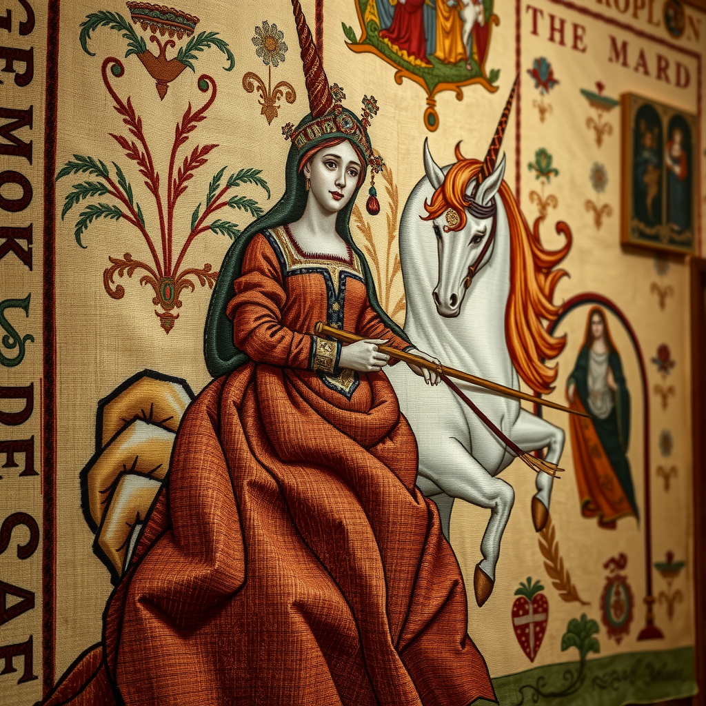 Tapisserie médiévale de la Dame à la Licorne au Musée de Cluny, détails complexes de la broderie médiévale, couleurs riches et préservées, manuscrits enluminés en arrière-plan, ambiance de musée médiéval avec éclairage tamisé