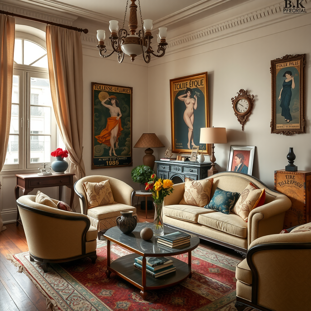 Reconstitution d'un appartement parisien de la Belle Époque avec mobilier Art Nouveau, affiches de Toulouse-Lautrec, objets décoratifs d'époque et atmosphère authentique des années 1900