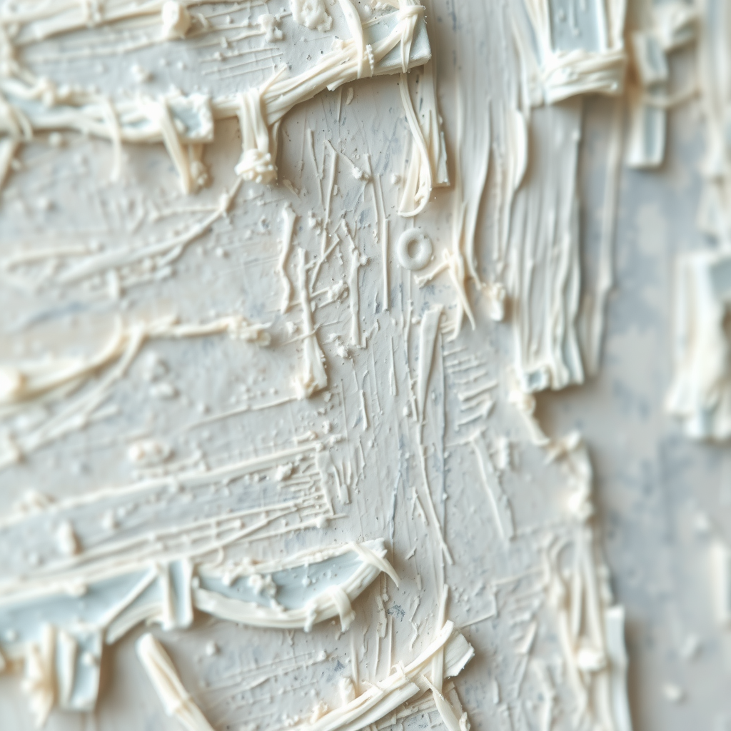 Détail macro d'une peinture impressionniste montrant les coups de pinceau délicats et superposés dans des tons de blanc, crème et bleu pâle, révélant la technique sophistiquée et la texture complexe caractéristique du style de Berthe Morisot