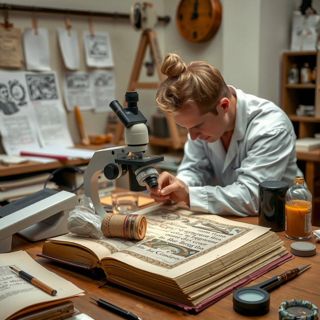 Atelier de restauration du Musée de Cluny montrant un conservateur travaillant sur un manuscrit enluminé sous microscope, entouré de pigments naturels reconstitués, d'outils de précision et de documentation scientifique