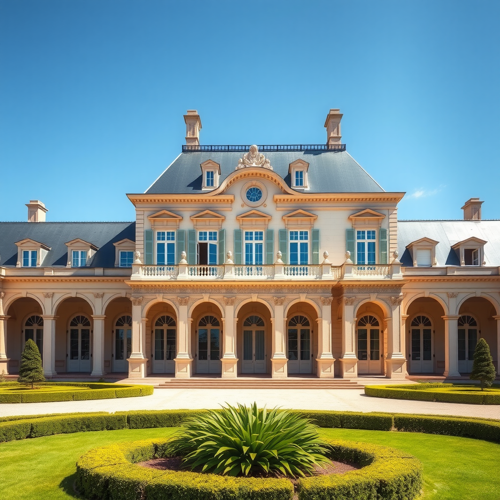 Façade emblématique du Grand Trianon avec sa colonnade de marbre rose et ses arches élégantes, entourée de jardins à la française parfaitement entretenus, sous un ciel bleu lumineux