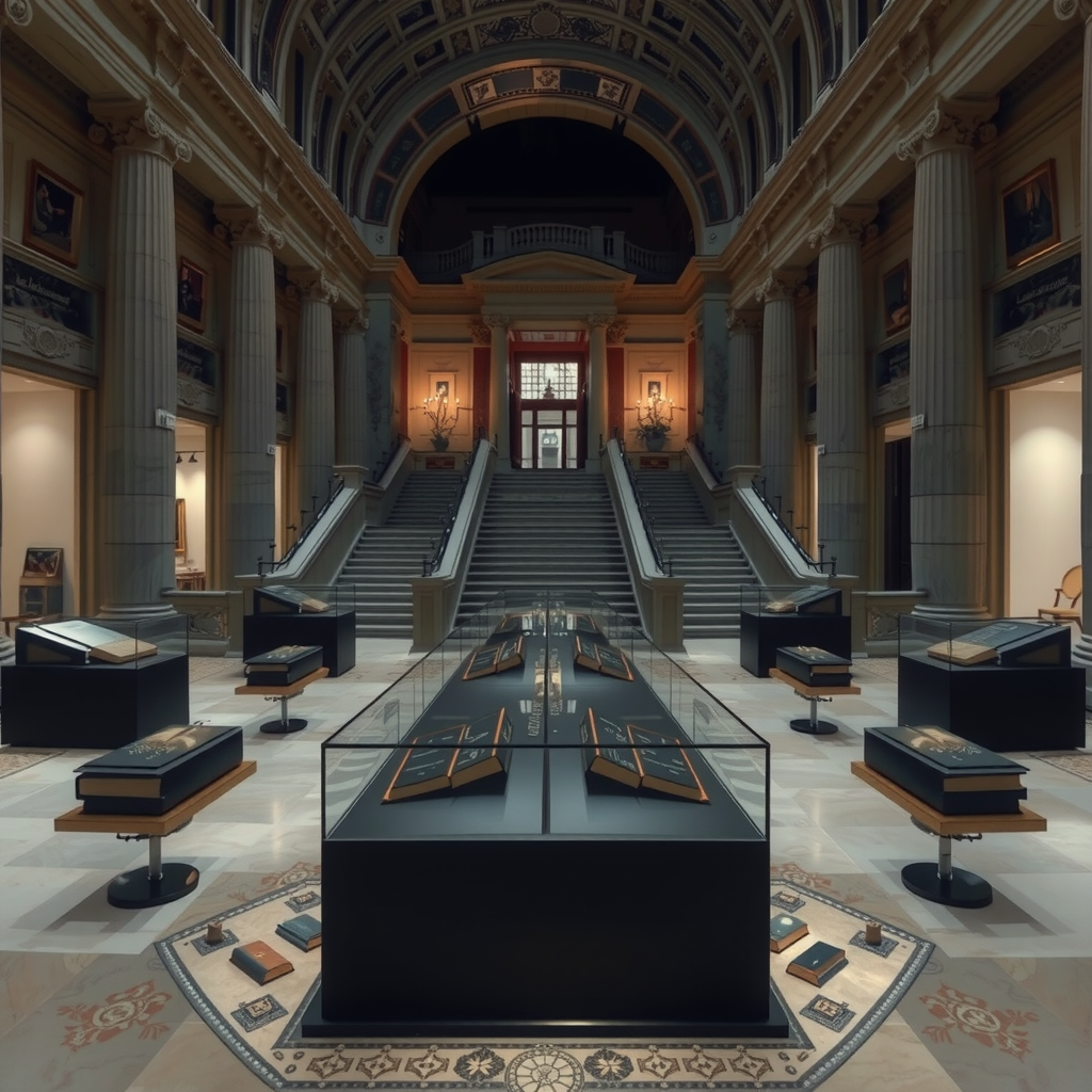 Installation Athanor d'Anselm Kiefer dans l'escalier Lefuel du Louvre, montrant des vitrines contenant des livres de plomb et objets, éclairage dramatique, architecture néoclassique en arrière-plan