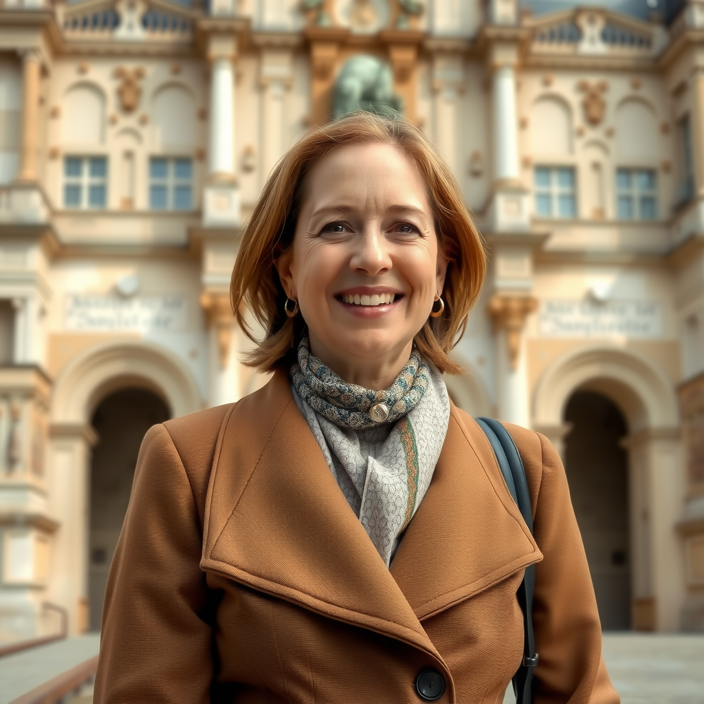 Portrait professionnel de Marie Lefebvre, spécialiste du patrimoine français et guide conférencière, devant un monument historique