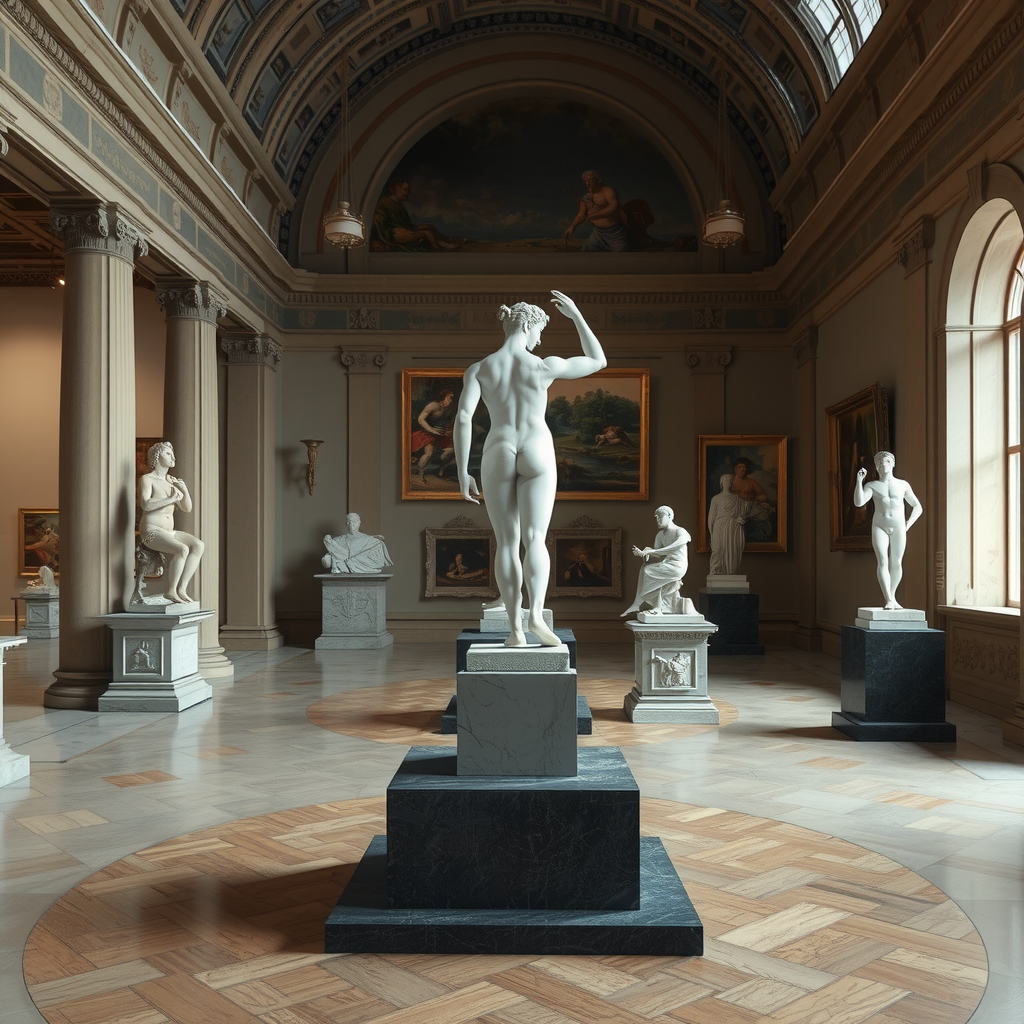 Contemporary art installations within the Louvre museum juxtaposed with classical masterpieces, showing modern sculptures and paintings in dialogue with ancient works in grand museum halls