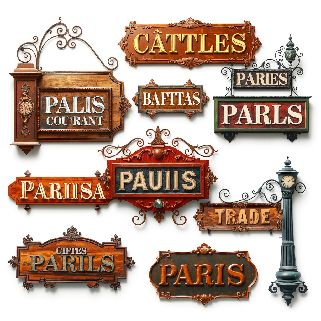 Collection d'enseignes commerciales anciennes en bois sculpté et fer forgé représentant les métiers parisiens, l'artisanat traditionnel et la vie quotidienne des siècles passés