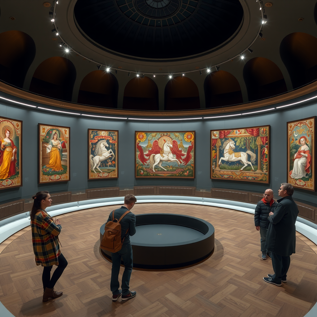 La salle circulaire rénovée du Musée de Cluny présentant les six tapisseries de La Dame à la Licorne dans leur nouvel écrin architectural, avec l'éclairage LED sophistiqué créant une ambiance intimiste et des visiteurs en contemplation