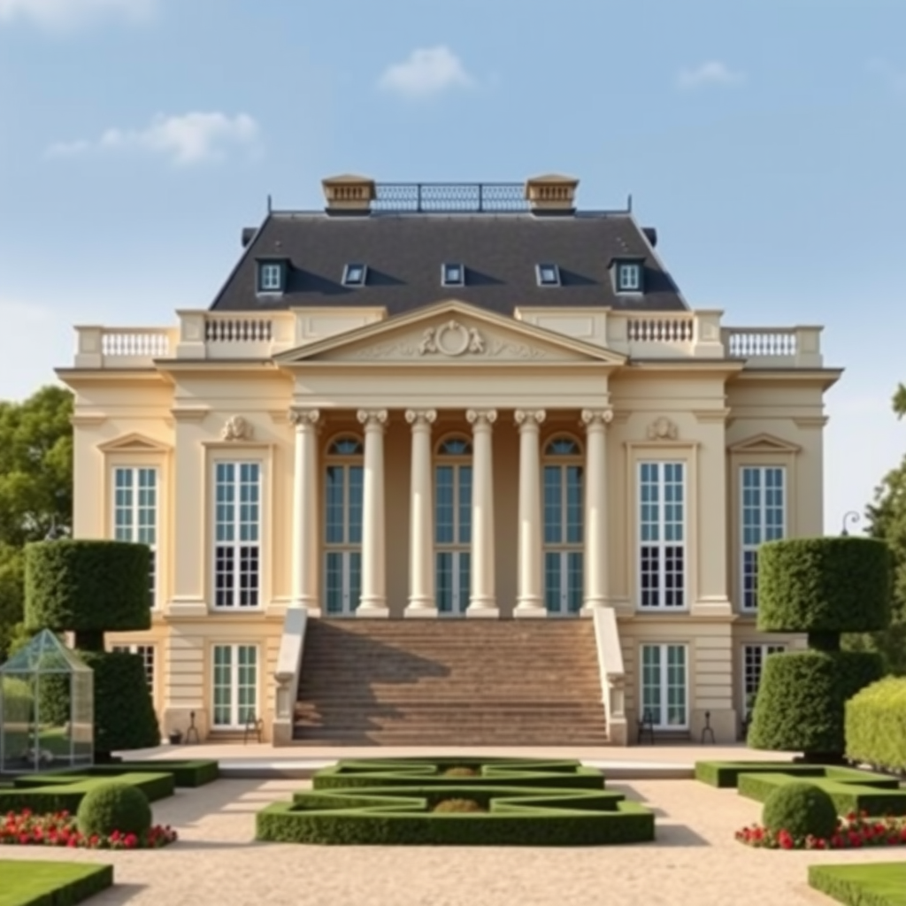 Le Petit Trianon vu depuis les jardins, montrant sa façade néoclassique parfaitement symétrique avec ses colonnes corinthiennes, ses grandes fenêtres et son toit à la française, entouré de jardins paysagers