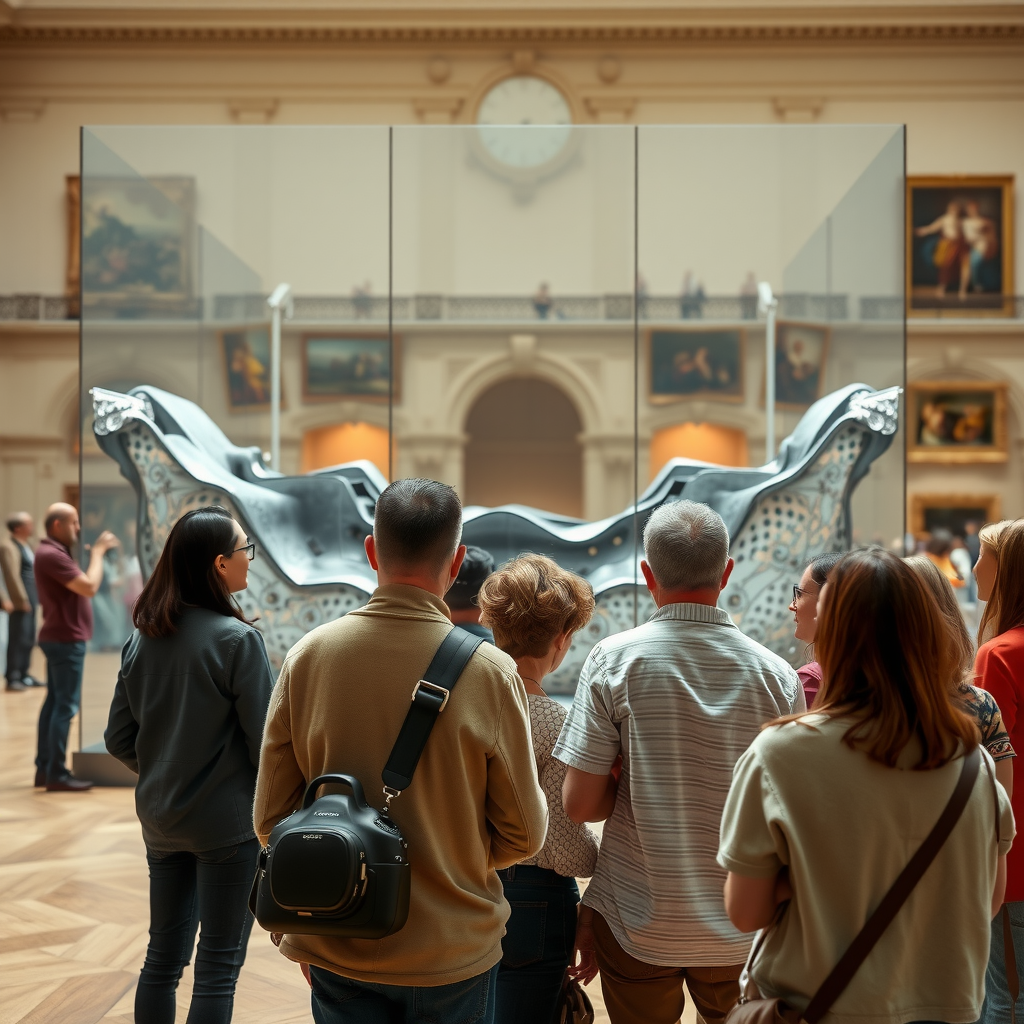 Visiteurs du Louvre observant et discutant devant une installation d'art contemporain, mélange de générations, interaction entre l'œuvre moderne et les peintures classiques visibles en arrière-plan