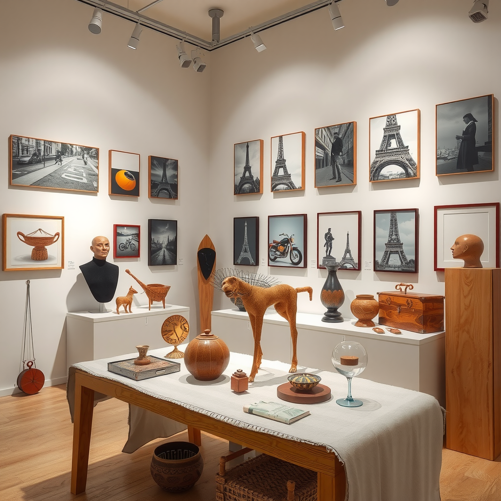 Salle d'exposition temporaire présentant des objets contemporains du Paris moderne, photographies urbaines, art de rue et témoignages de la vie parisienne actuelle