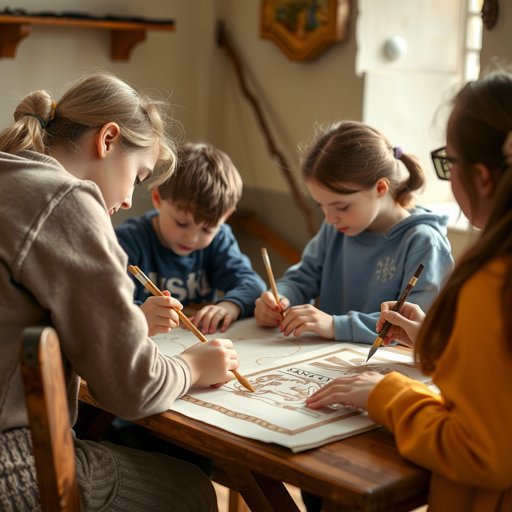 Atelier pédagogique au Musée de Cluny où des enfants apprennent les techniques d'enluminure médiévale, travaillant avec des pigments naturels, des pinceaux fins et de la feuille d'or sous la supervision d'un médiateur culturel