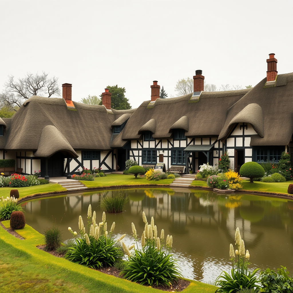 Le Hameau de la Reine à Versailles, montrant les chaumières rustiques au bord d'un étang paisible, avec leurs toits de chaume, leurs murs à colombages, et leurs jardins fleuris, créant une scène pastorale idyllique