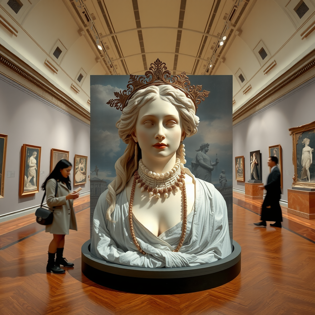 Œuvre d'art contemporain réinterprétant des thèmes classiques, juxtaposition visuelle entre techniques modernes et sujets traditionnels, installation multimédia dans une galerie du Louvre