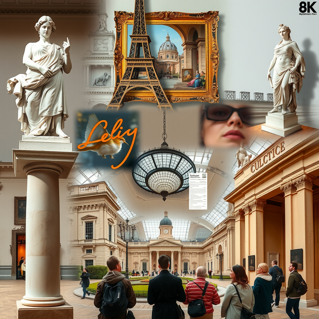 Collage artistique représentant divers aspects du patrimoine culturel français : sculptures classiques, peintures impressionnistes, architecture de musées et visiteurs admirant les œuvres