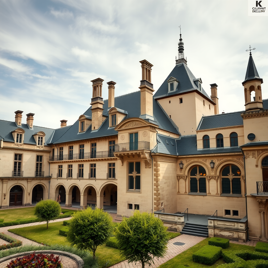 Vue extérieure du Musée de Cluny montrant l'harmonieuse juxtaposition de l'architecture médiévale de l'hôtel des abbés et des vestiges des thermes gallo-romains, avec le jardin médiéval au premier plan sous un ciel parisien
