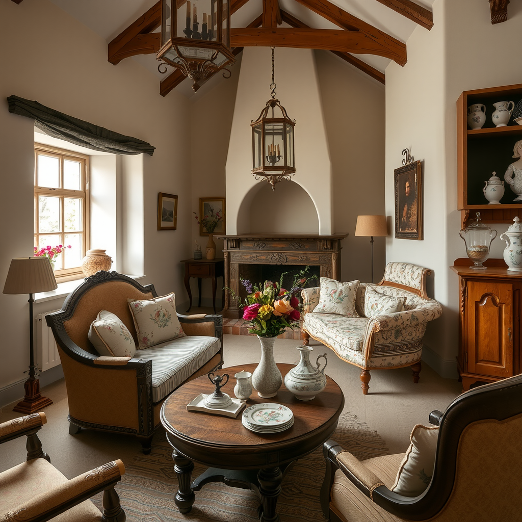 Intérieur d'une des maisons du Hameau de la Reine, montrant la décoration rustique raffinée avec des meubles en bois peint, de la faïence de Sèvres, des tissus à motifs floraux, et des détails architecturaux soignés malgré l'apparence champêtre