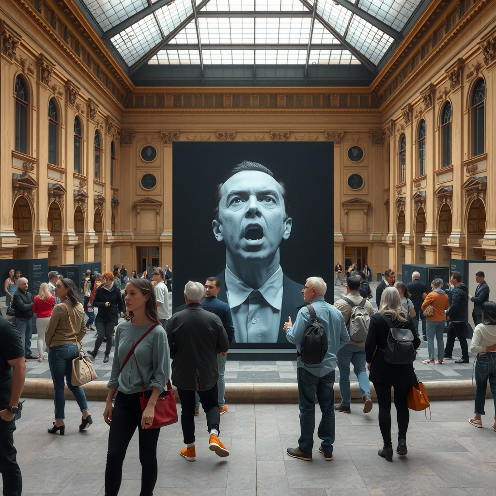Installation d'art contemporain controversée au Louvre, visiteurs réagissant de manière diverse, contraste marqué entre l'œuvre moderne provocante et l'architecture classique environnante