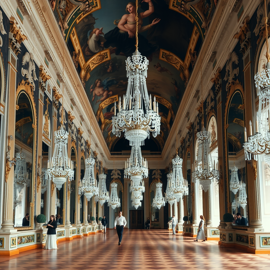 La Galerie des Glaces de Versailles dans une perspective historique, montrant les miroirs monumentaux, les lustres en cristal, les peintures de Le Brun au plafond, et l'architecture baroque majestueuse qui a été témoin de moments cruciaux de l'histoire française