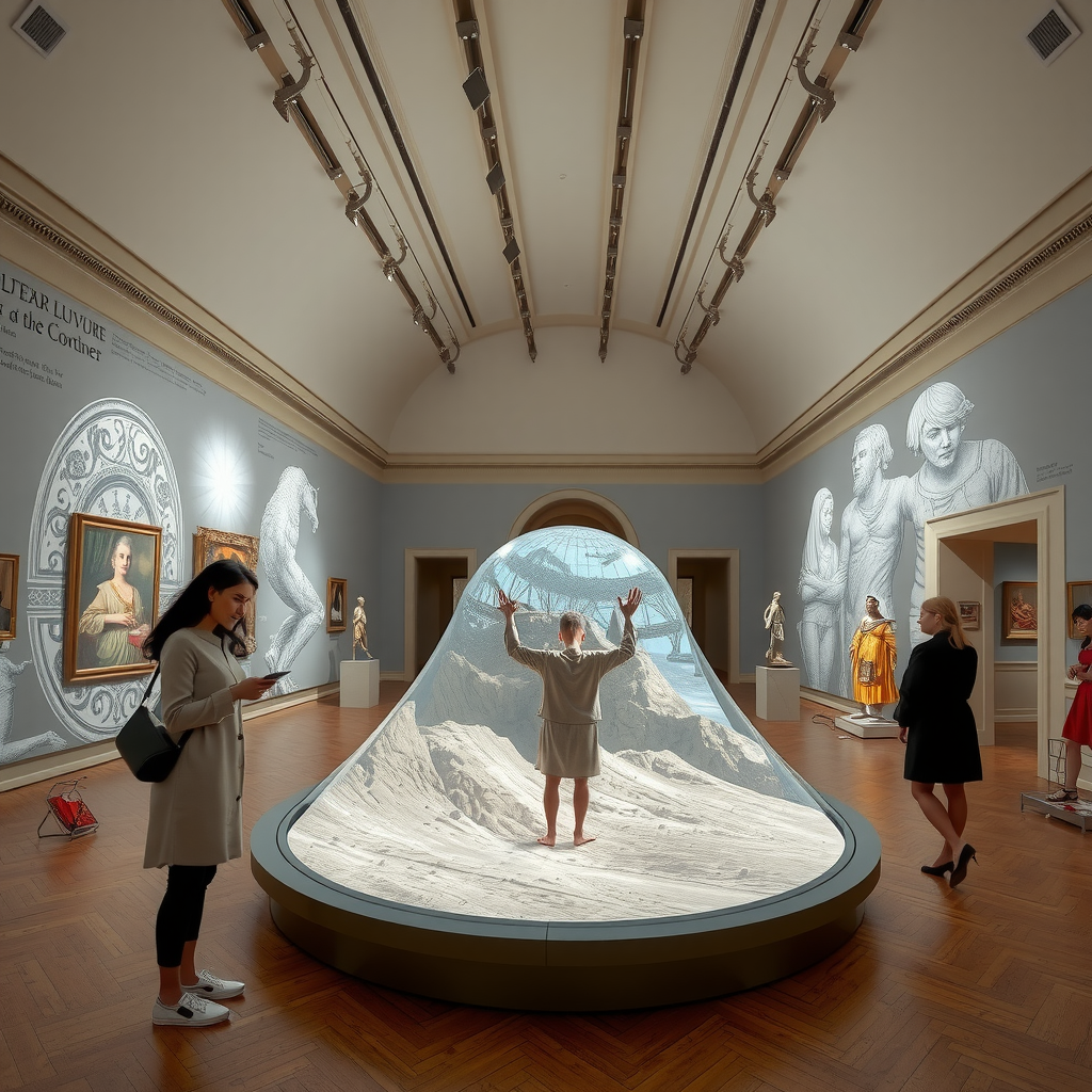 Visualisation conceptuelle de l'avenir de l'art contemporain au Louvre, intégration de technologies numériques, installations immersives, dialogue entre tradition et innovation, espaces muséaux réinventés