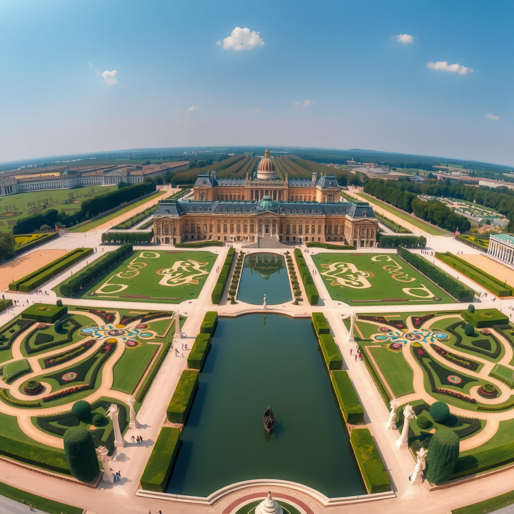 Vue aérienne panoramique du domaine de Versailles montrant le château principal, les jardins à la française, le Grand Canal, et au loin les palais du Trianon, illustrant l'immensité et la complexité de ce site historique exceptionnel